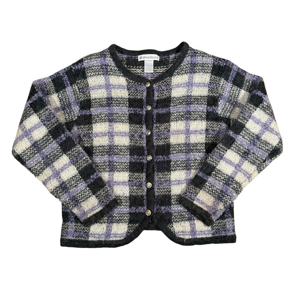 Vintage 90s Fuzzy Plaid Wool Cardigan Button Sweater Black Purple White Small
